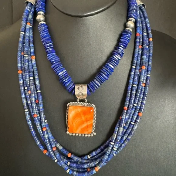 Sterling silver spiny oyster lapis necklace set